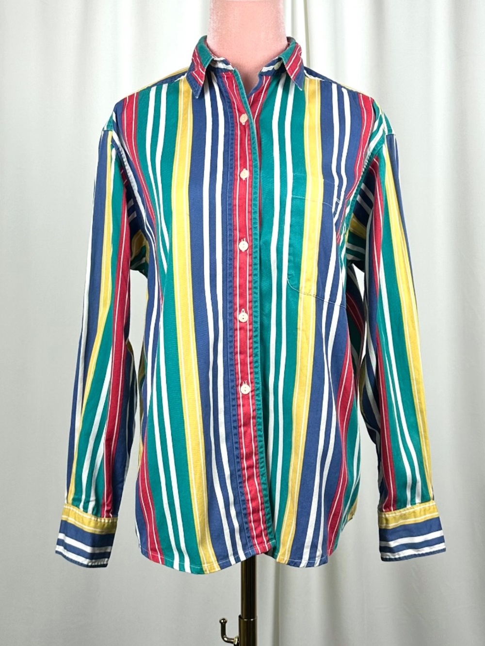 Vintage British Khaki Rainbow Stripe Cotton Button Up Shirt